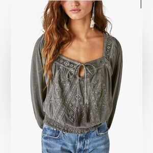 Lucky Brand Women's Beaded Peasant Top-Washed Black-Size XL